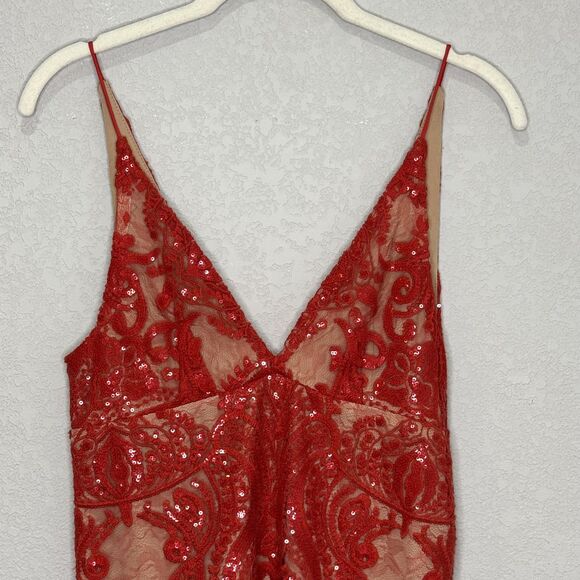 Free People Romper Womens 0 Red Sequin Lace Mesh V Neck Spaghetti Straps Mini - Picture 5 of 12